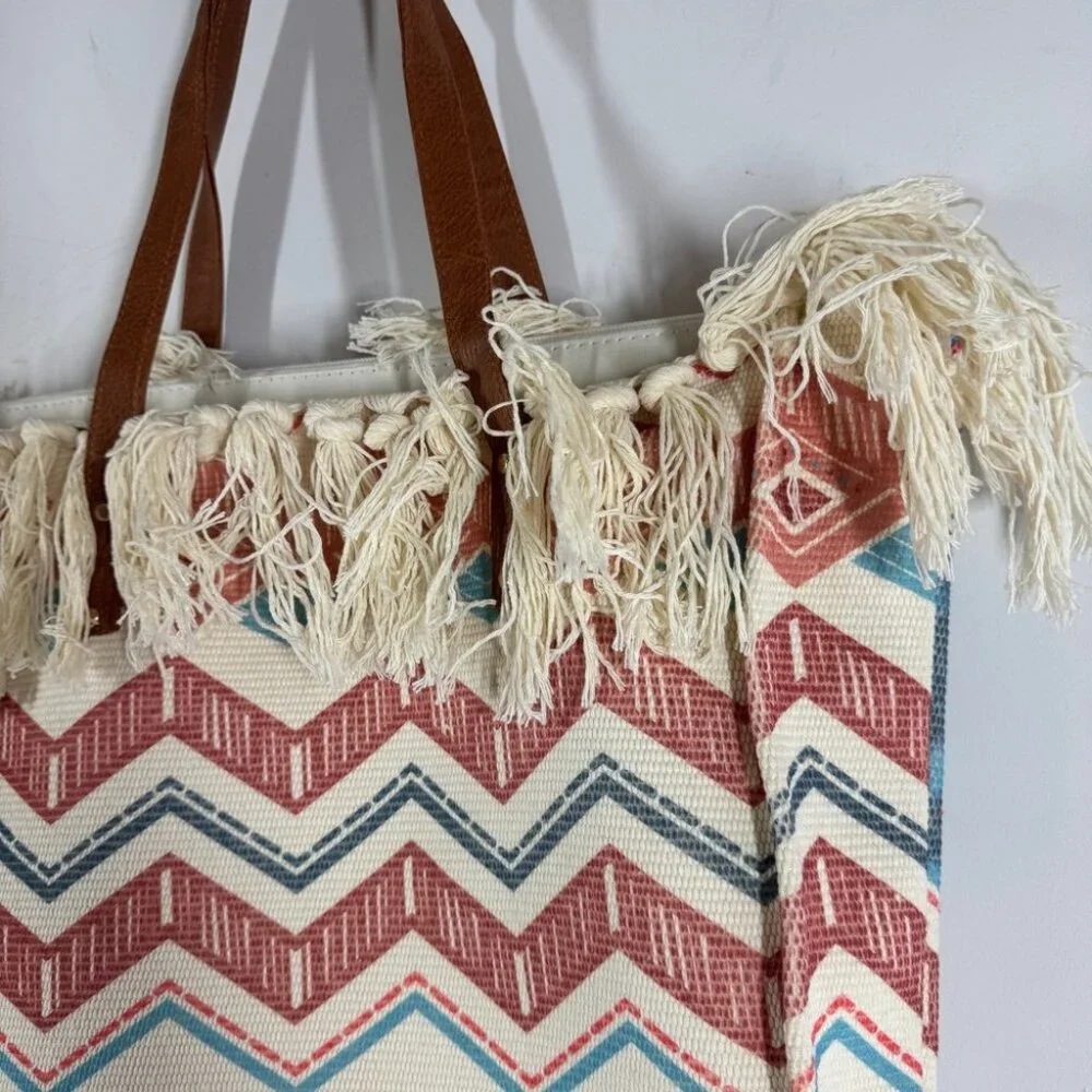 Boho Aztec Fringe Tote Bag Tribal Canvas Beach Shopper Southwest Style Summer - Picture 3 of 14